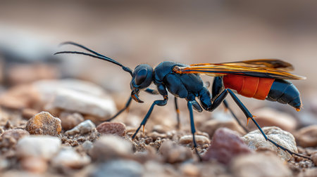Vivid wasp with red and black coloring navigates rocky terrain on a sunny dayの素材