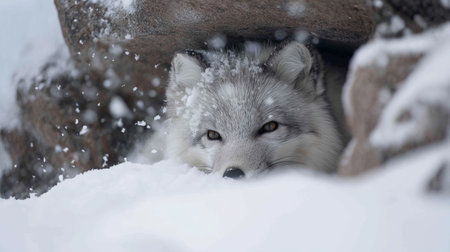 An arctic fox peeks from its snow-covered den, surrounded by a winter wonderland of falling snowの素材