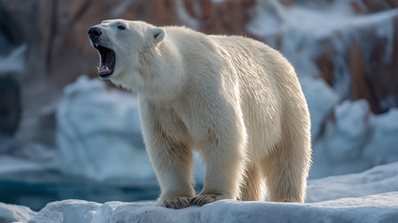 A majestic polar bear stands on a large ice formation, roaring in its Arctic habitatの素材