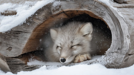 A small arctic fox sleeps peacefully inside a log while snow gently falls outsideの素材