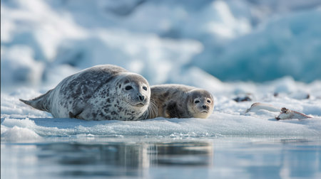 A mother seal and her pup relax on the ice, surrounded by a tranquil Arctic settingの素材