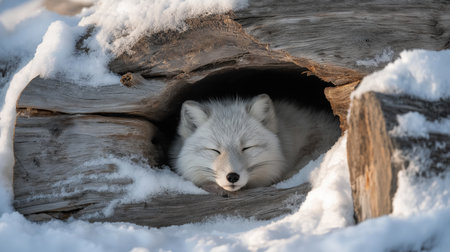 An arctic fox peacefully naps inside a hollow log while snow covers the groundの素材