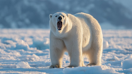 A polar bear stands on the ice, roaring in the Arctic environment under blue skiesの素材