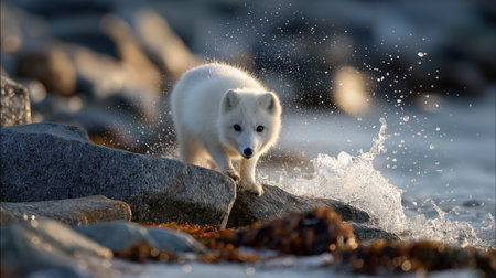 A white arctic fox walks carefully on rocky terrain as ocean waves crash nearby during sunsetの素材