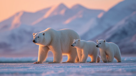 Two baby polar bears trail their mother over the icy landscape at sunset, mountains behindの素材