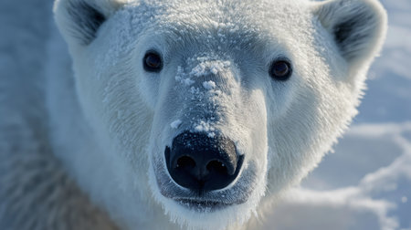 A polar bear gazes directly at the camera with snow on its fur in a winter environmentの素材