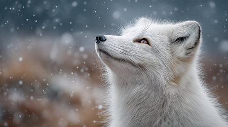 An arctic fox gazes upward as snowflakes softly fall in a serene winter settingの素材