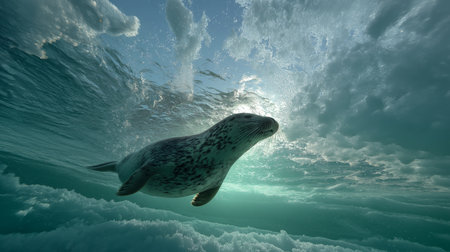 A seal gracefully swims beneath the water surface, sun rays filtering through clouds aboveの素材