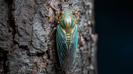 A vibrant cicada clings to rough tree bark, displaying striking colors in the quiet afternoon lightの素材