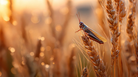 A grasshopper sits on a wheat stalk as the sun sets, illuminating the field with warm lightの素材