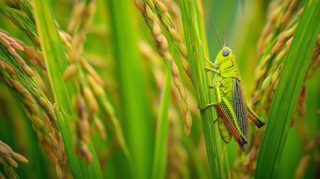 A grasshopper clings to a rice stalk surrounded by vibrant green plants, showcasing ripe grainsの素材