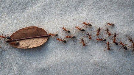 A line of ants transports a leaf as they navigate a sandy surface under sunlightの素材