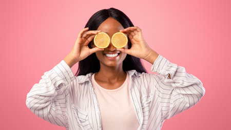 Happy young black lady with lemon halves in front of her eyes posing on pink studio background, panoramaの写真素材