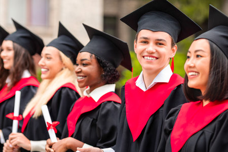 Cheerful guy standing among international group of studentsの写真素材