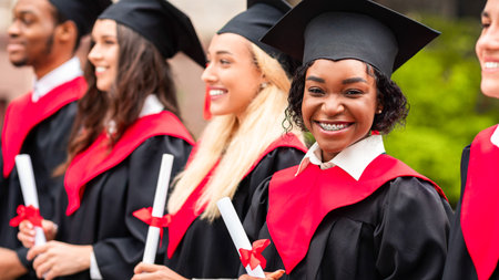 Happy black lady smiling at camera while having graduation ceremonyの写真素材