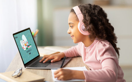 Online Lesson. Black Teen Schoolgirl Study Remotely With Laptop At Home, Collage