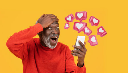 Glad excited shocked senior black man checking phone