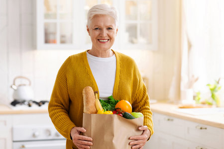 Happy mature woman holding a paper bag full of groceriesの写真素材