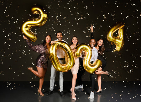 Happy multiethnic millennials celebrating New Year 2024 together, black backgroundの写真素材