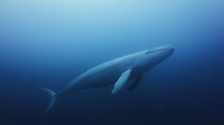 A huge whale glides smoothly through the deep blue ocean, showcasing its majestic formの素材