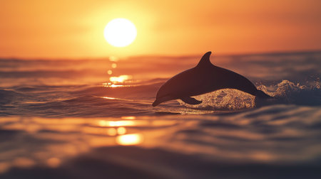 A dolphin jumps above the waves during a golden sunset, showcasing its elegance and beautyの素材
