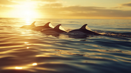Dolphins glide through calm waters as the sun sets, casting a warm golden glow over the sceneの素材