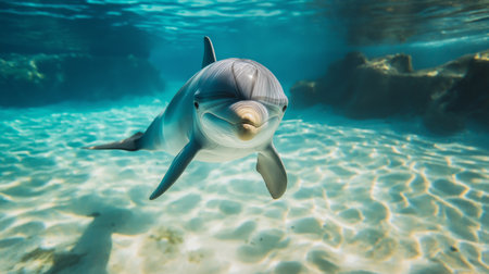 A playful dolphin swims effortlessly through crystal clear waters, showcasing its vibrant energyの素材