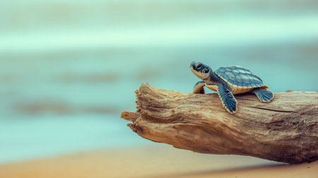 A small sea turtle is perched on a piece of driftwood, looking around as waves gently lap the shoreの素材