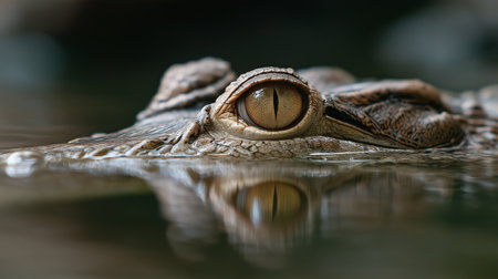 A crocodile partially submerged in clear water watches its surroundings with a bright eyeの素材