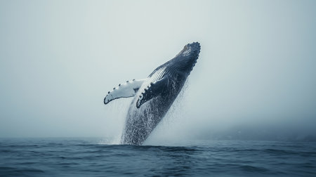 A humpback whale leaps into the air, splashing water in a fog-covered sea at dawnの素材