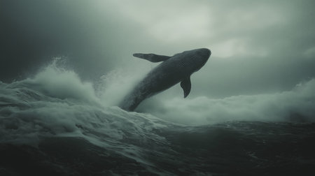 A giant whale leaps from the churning sea under a dramatic and cloudy skyの素材