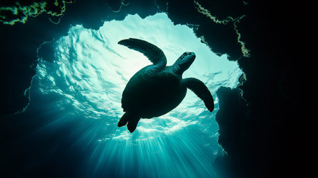 A sea turtle swims serenely under the oceans surface, illuminated by sunlight through a caveの素材