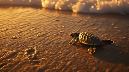 A small turtle makes its way to the ocean as waves crash gently on the shore at sunsetの素材