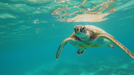A sea turtle swims gracefully in vibrant turquoise water, surrounded by sunlight and coralの素材