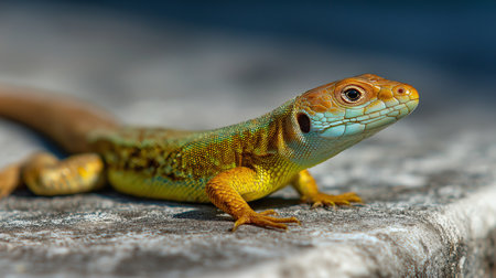 A vibrant lizard with intricate patterns basks on a sunlit stone by a body of waterの素材