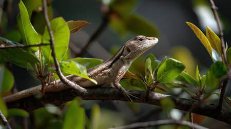 A lizard rests on a branch surrounded by vibrant green leaves in a tropical forestの素材