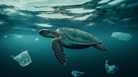 A sea turtle glides gracefully through clear ocean waters, surrounded by floating plastic wasteの素材