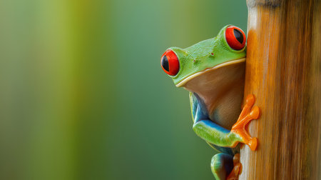 A vibrant frog with red eyes and green skin clings to a bamboo stalk amidst lush greeneryの素材