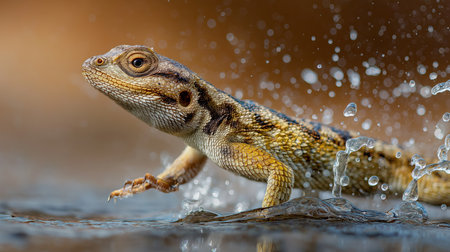 A lizard runs across water, creating splashes under bright sunlight in a natural environmentの素材