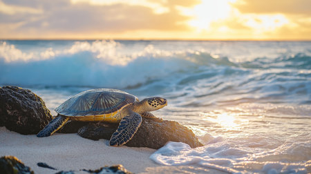 A sea turtle basks on rocky shores as gentle waves ebb and flow under a colorful sunsetの素材