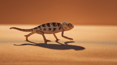 Chameleon moves gracefully across soft sand with shadows stretching behind it in warm lightの素材