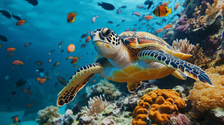 A hawksbill turtle glides through a bright coral reef filled with diverse marine lifeの素材