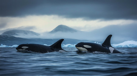 Orcas glide through chilly waters beneath a gray sky, surrounded by distant mountainsの素材