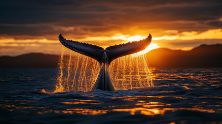 A whale tail surfaces as the sunset paints the skyの素材