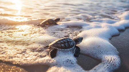 Two small turtles crawl towards the waves at sunset, leaving footprints in the wet sandの素材