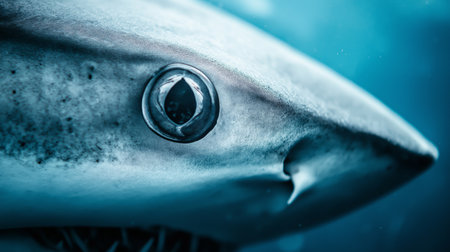 Shark glides through the ocean, revealing intricate details of its eye and skin in bright waterの素材