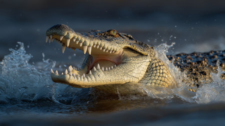Water splashes around a crocodile as it lunges forward, revealing sharp teeth in its open mouthの素材