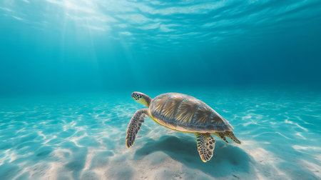 A green sea turtle navigates through tranquil, sunlit ocean waters near a sandy seabedの素材