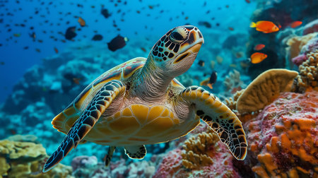 A sea turtle swims gracefully through a lively coral reef teeming with fish and vibrant colorsの素材