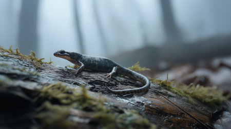 A small lizard is perched on a damp, mossy log in a misty forest at dawnの素材